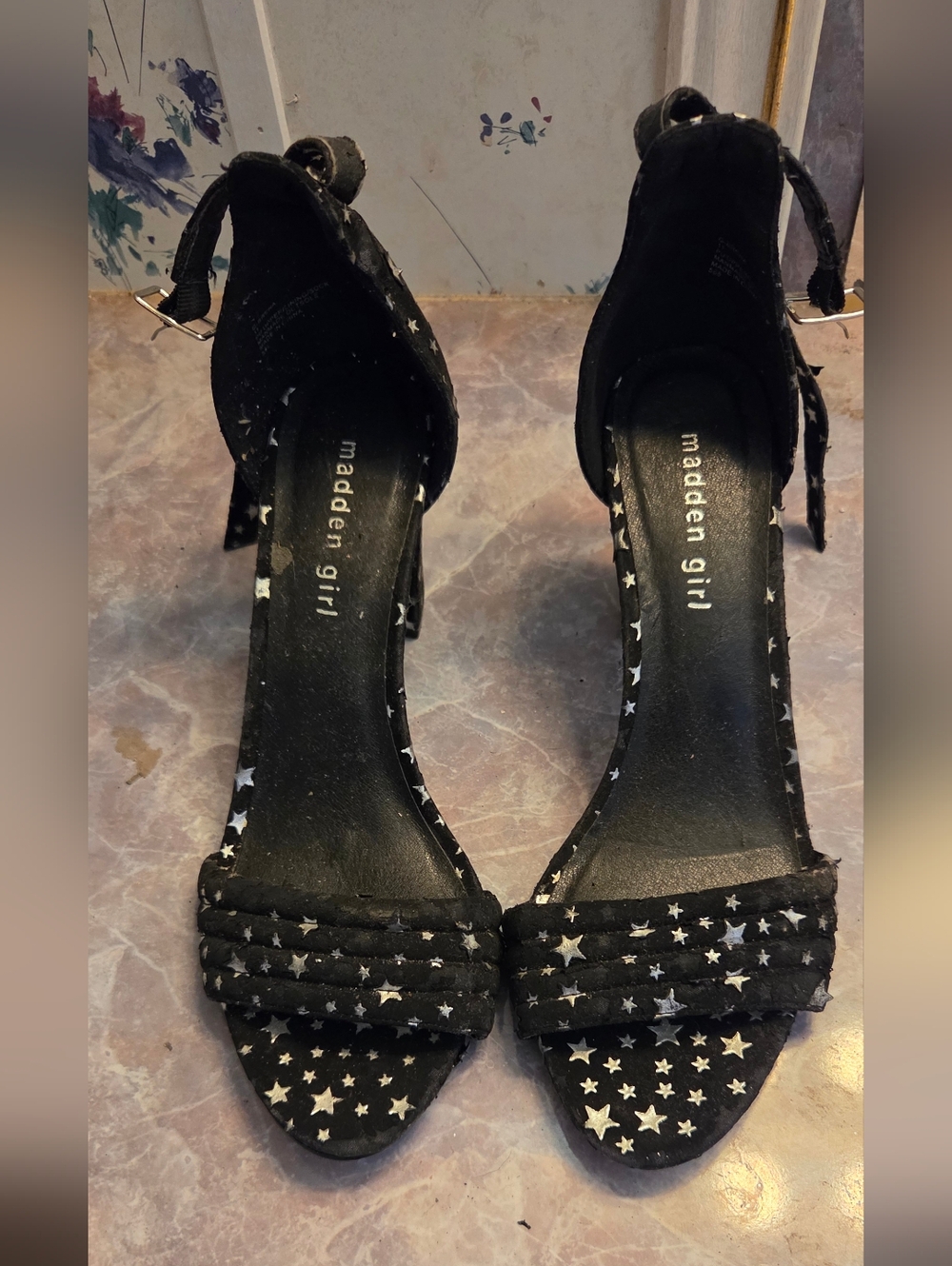 Madden Girl Black Star-Print Ankle Strap Heels